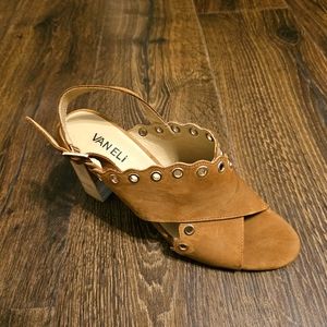 Van Eli Sandals Heels Nutmeg Suede Leather Scalloped Grommets Sz 10